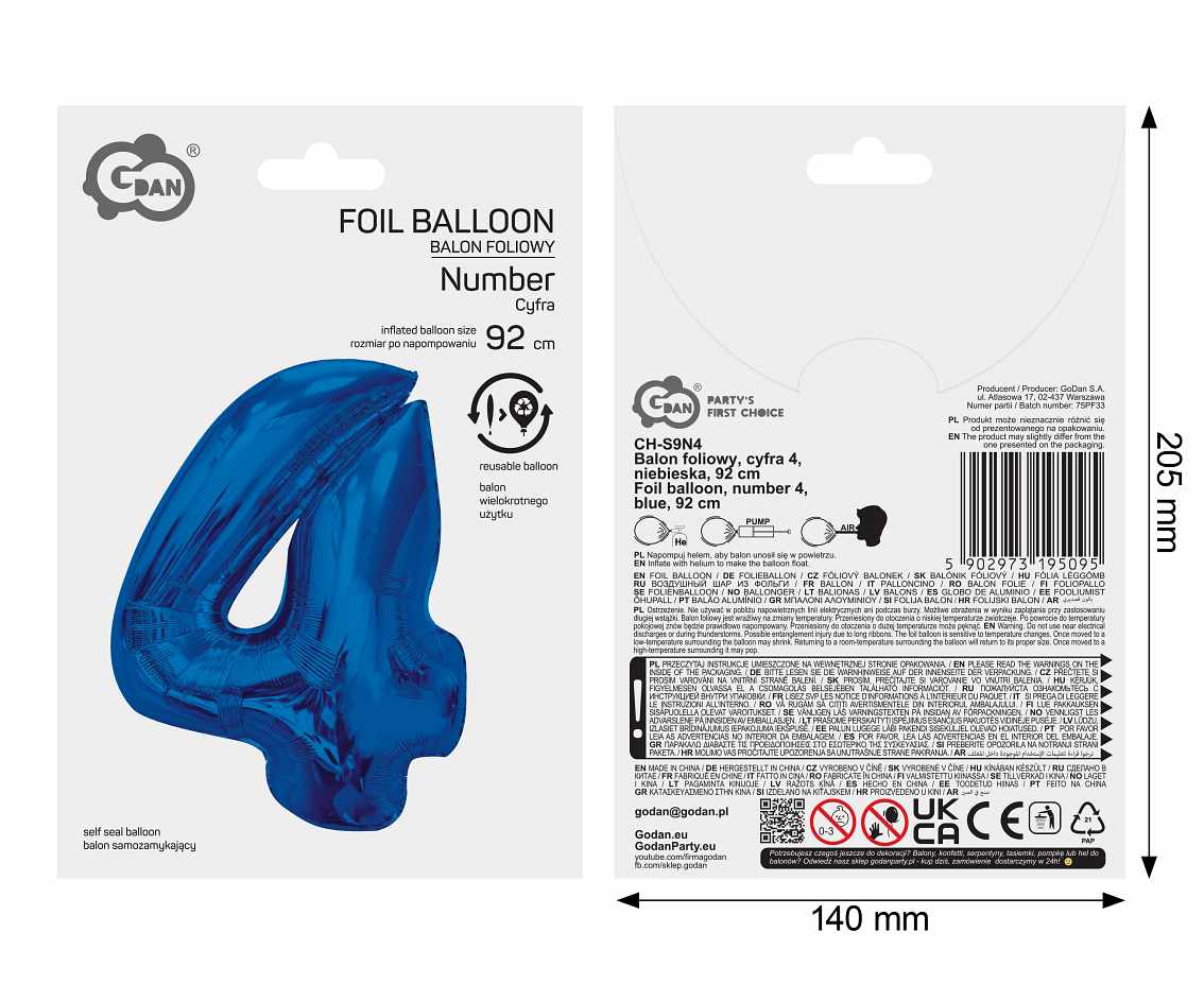 Balon foliowy Smart cyfra 4 niebieska 92cm CH-S9N4 GoDan
